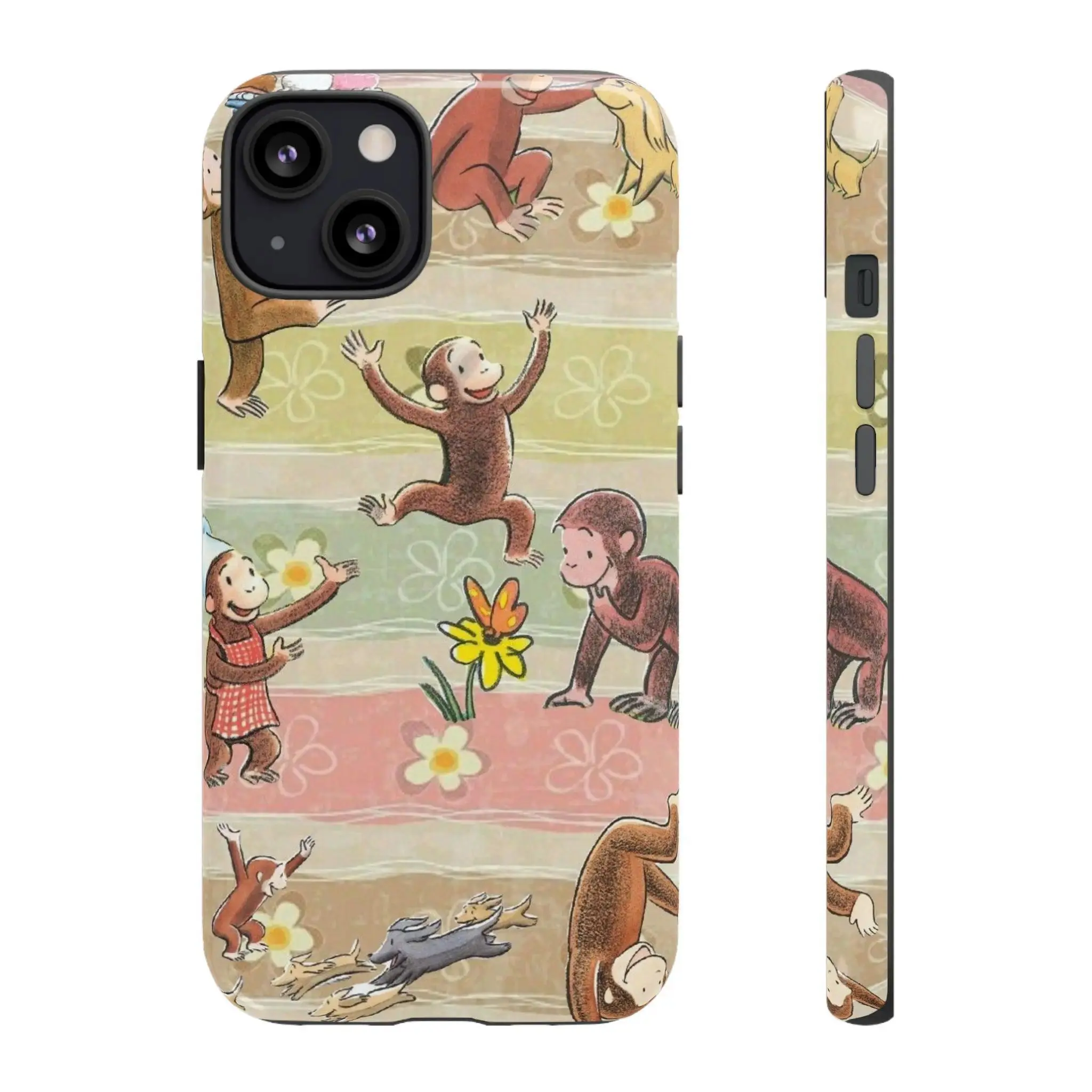 Curious Monkeys and Colorful Flowers Phone Case, Tough Phone Case in A Vintage Storybook Style,phone Case, Gift for Fans, Ccurious Georgeee,phone Case Suitable for Iphone 11/12/13/14/15/16/17 Pro Promax Plus Air and Samsung S22/S23/S24/S25 Plus Ultra Fe