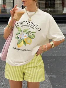 Summer New Women's Simple Round Neck Letter Pattern Short Sleeve Top + Plaid Color Block Striped Shorts Casual Set, 2 Piece