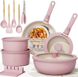 21 Pcs Pots and Pans Non Stick Ceramic Cookware Set, Detachable Handles, RV Kitchen Cooking Set, Oven Safe, Induction Ready, Stackable, Pink