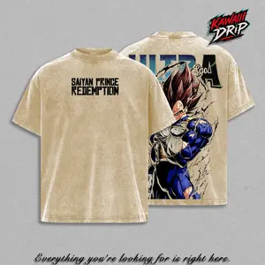 DBZ Prince Majin Symbol T-Shirt, ''Saiyan'' Prince Redemption Graphic Tee, Ultra Ego Anime Shirt, DBZ Manga Back Print T Shirt, Vintage Clothing Washed Anime Streetwear Top Tee, Large Graphic Otaku Fan Gift, Soft Cotton Unisex T-Shirt