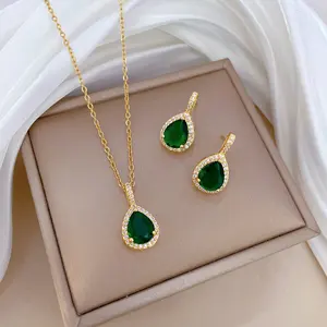 Elegant Emerald Green Water Drop Crystal Pendant Necklace + Earrings Two-Piece Set for Women colorful male men chain breathing vintage charm hypoallergenic clavicle dainty anxiety twist rope monogram prayer fashion memory silver cross twisted crown hiphop