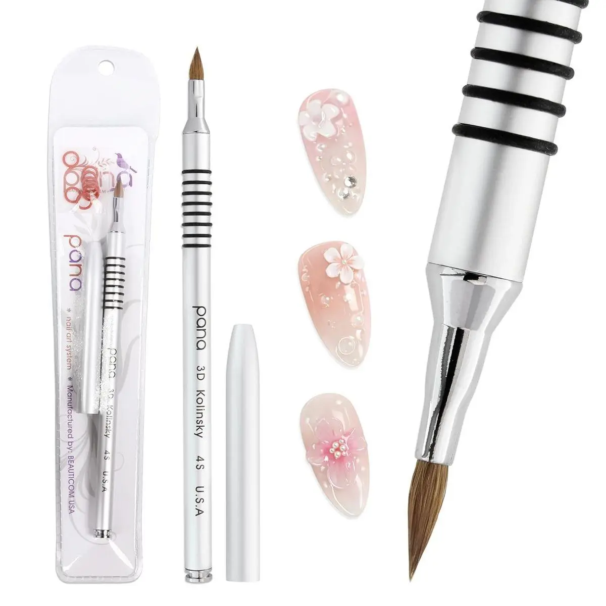 3D Kolinsky Acrylic Nail Art Sculpture Brush with Silver Metal Non-Slip Grip Handle for Manicures 3D Nail Art Flower Designs (Size #4)