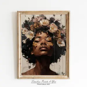 Black Wall Art Flowers, African American Women, Printable Printings of Black Women Wall Art, African American Printable Wall Art, Unframed, Room Decor