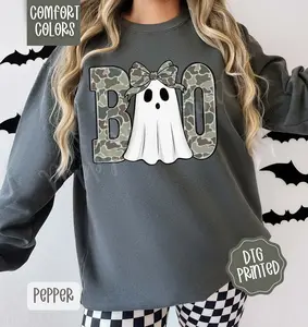 Camo Boo Comfort Colors Sweatshirt, Trendy Women's Halloween Crewneck