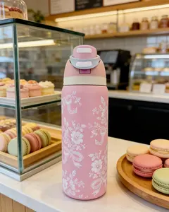 Lace pink Water bottle 32oz, 945ML, freesip,with straw,heatpreservation time more than 24 hours, cold and hot watercan be insulated, can make coffee, frozen drinks,,exquisite workmanship, suitable for camping, work,indoor and Outdoor use.