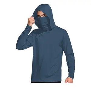 UPF 50+ Men's Sun Protection Hoodie | Solid Blue Long Sleeve Performance Cooling Shirt with Mask for Fishing, Hiking, Workwear