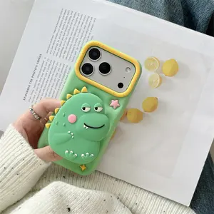 Cute Dinosaur 3D Cartoon Telescopic Stand Soft Silicone Phone Case For iPhone 17 16 15 14 13 Pro Max Plus Shockproof Protective Cover Accessories