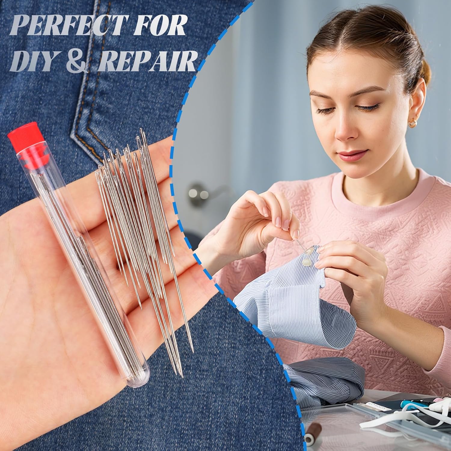 37PCS Large Eye Sewing Needles Kit – Stainless Steel Hand Sewing Needles Set with Needle Threader & Thimble for Easy Threading, Mending & DIY Sewing