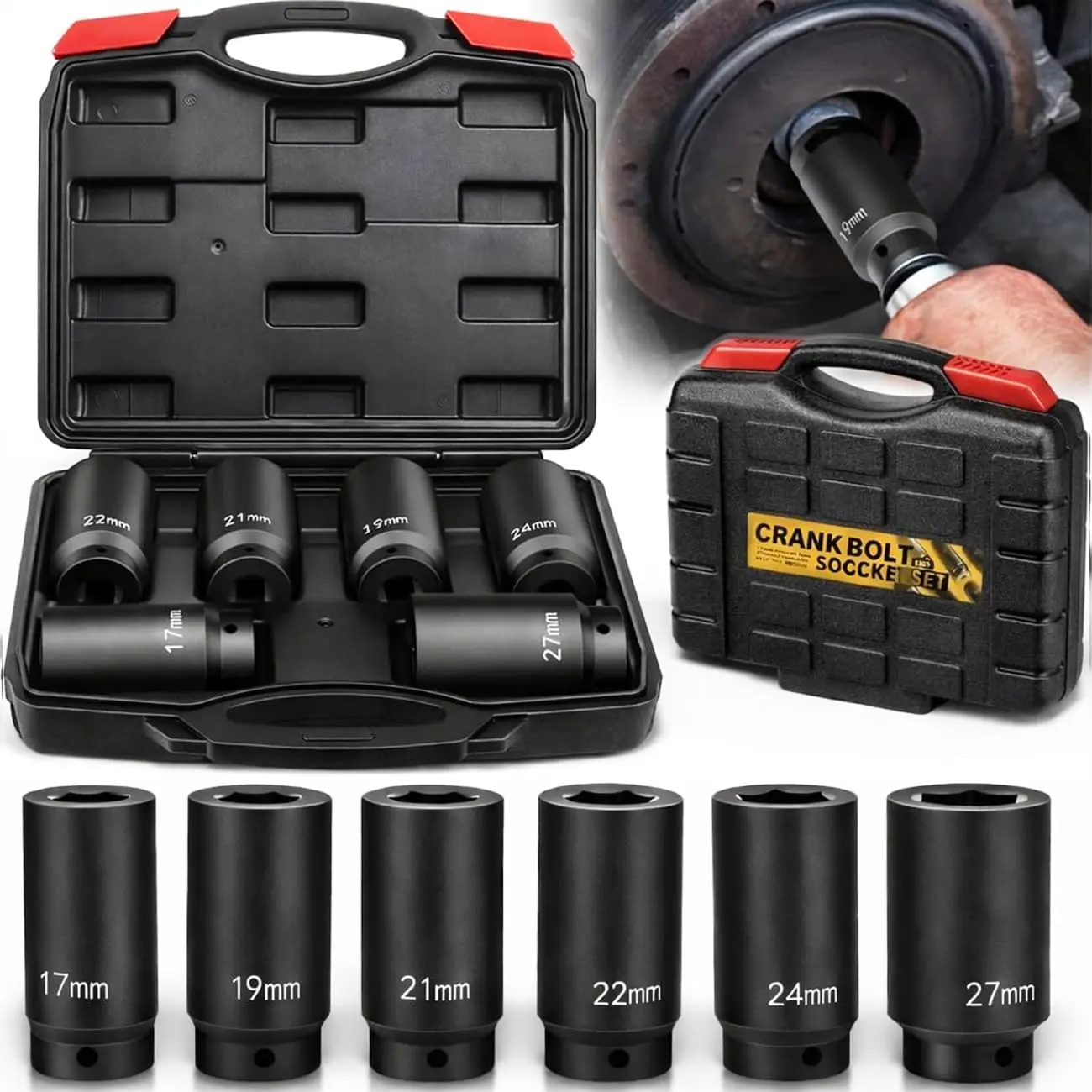 1/2'' Drive Weighted Crank Bolt Socket Set, 17MM, 19MM, 21MM, 22MM, 24MM, 27MM, Harmonic Balancer Socket Set, Weighted Metric Deep Impack Socket Kit, 3 Times Momentum Power of Standard  Socket