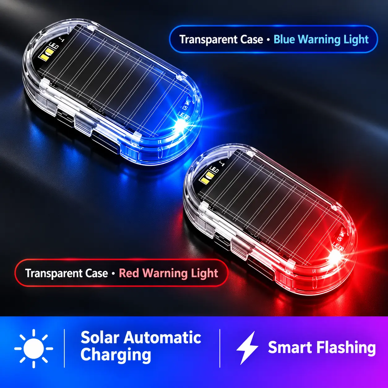 Solar Powered Fake Car Alarm Light, Anti-Theft Simulated Flashing LED Security Deterrent with Auto Sensor, Dual Charge (Solar/USB), No Wiring Stick-On Dummy Dash Lamp