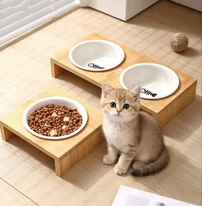 Raised Cat Bowls, Bamboo Elevated Cat Food Water Bowl Set with Ceramic Dishes, Anti-Vomiting, Non-Slip, Perfect for Cats and Small Dogs