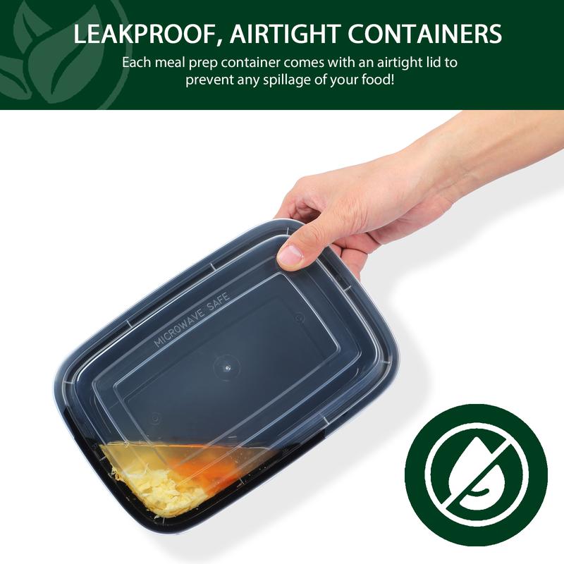 28oz 50/150pk Rectangle Black Meal Prep Containers with Lids, Party Plates, Catering Plates, Reusable, Stackable, and Microwave Safe