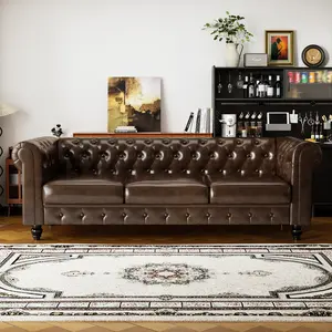 Classic Chesterfield Brown PU Leather Sofa – Button Tufted 3-Seat Couch with Rolled Arms, Vintage Style for Living Room