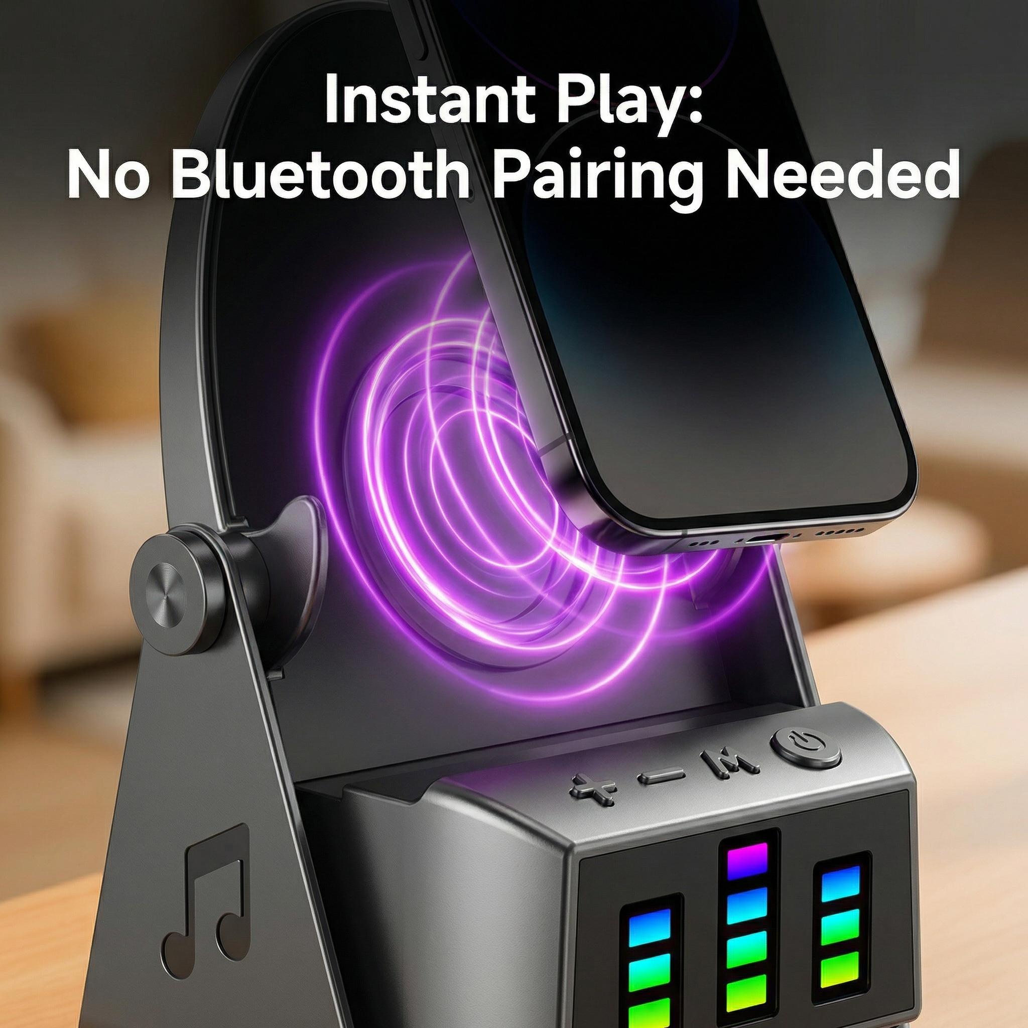 5-in-1 Wireless Induction Speaker Phone Stand，360° Adjustable，Power Bank，RGB Ambient Light，Universal Gift for Men Women