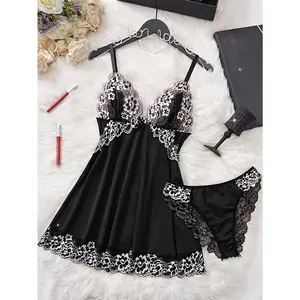 Two-Piece Contrasting Color Floral Lace Nightgown Set with a V-Neck Semi-Transparent Bow Dress And Triangle Panties, Elegant Sleepwear for Women