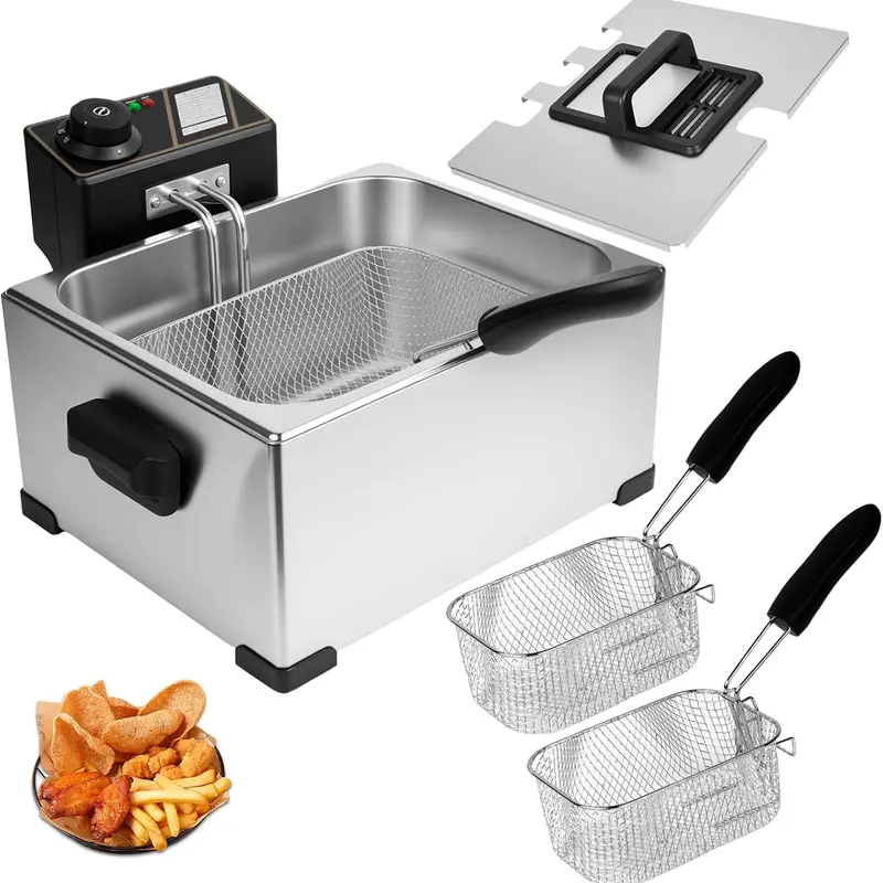 Sohochic 5L Stainless Steel Electric Deep Fryer - 3 Hang-to-Drain Baskets Countertop Oil Fryer Kit, 2000W Fast Heat, 140°F to 392°F Adjustable Temp, 16 Cups at Once Simultaneous Frying for Home Kitchen Appliances