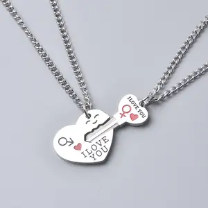 His and Hers Matching Couple Necklaces Set - 4 Styles, Interlocking Puzzle/Heart Key/Silhouette Pendants, Stainless Steel Engraved, Romantic Valentine's Gift for Lovers