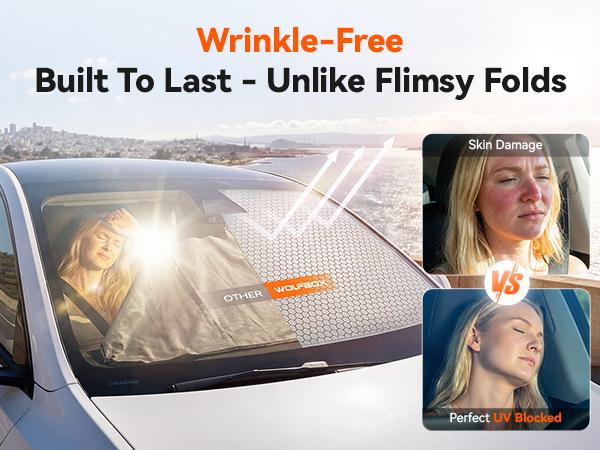 WOLFBOX Graphene Car Windshield Sun Shade with Ice Silk Technology Advanced Heat Dissipation Fabric, Blocks 99% UV & Infrared Rays, Foldable Front Window Sunshade