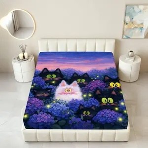 1Pc Cat Floral Night Fitted sheet Mattress Protector Holiday theme, Cats Hydrangea Purple Night, Mattress protector Breathable, Soft Comfortable Bedding Mattress Cover, for Bedroom Guest Room.