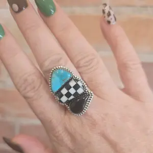 Turquoise, Checkboard and Black Onyx Adjustable .925 Sterling Silver Ring