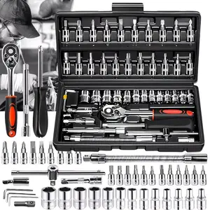 46-piece set 1/4-inch drive socket ratchet wrench kit, metric 4–14 mm, CR-V steel, quick release feature, sockets and extension rods, storage box — an excellent Father’s Day gift, suitable for automotive repairs and home use
