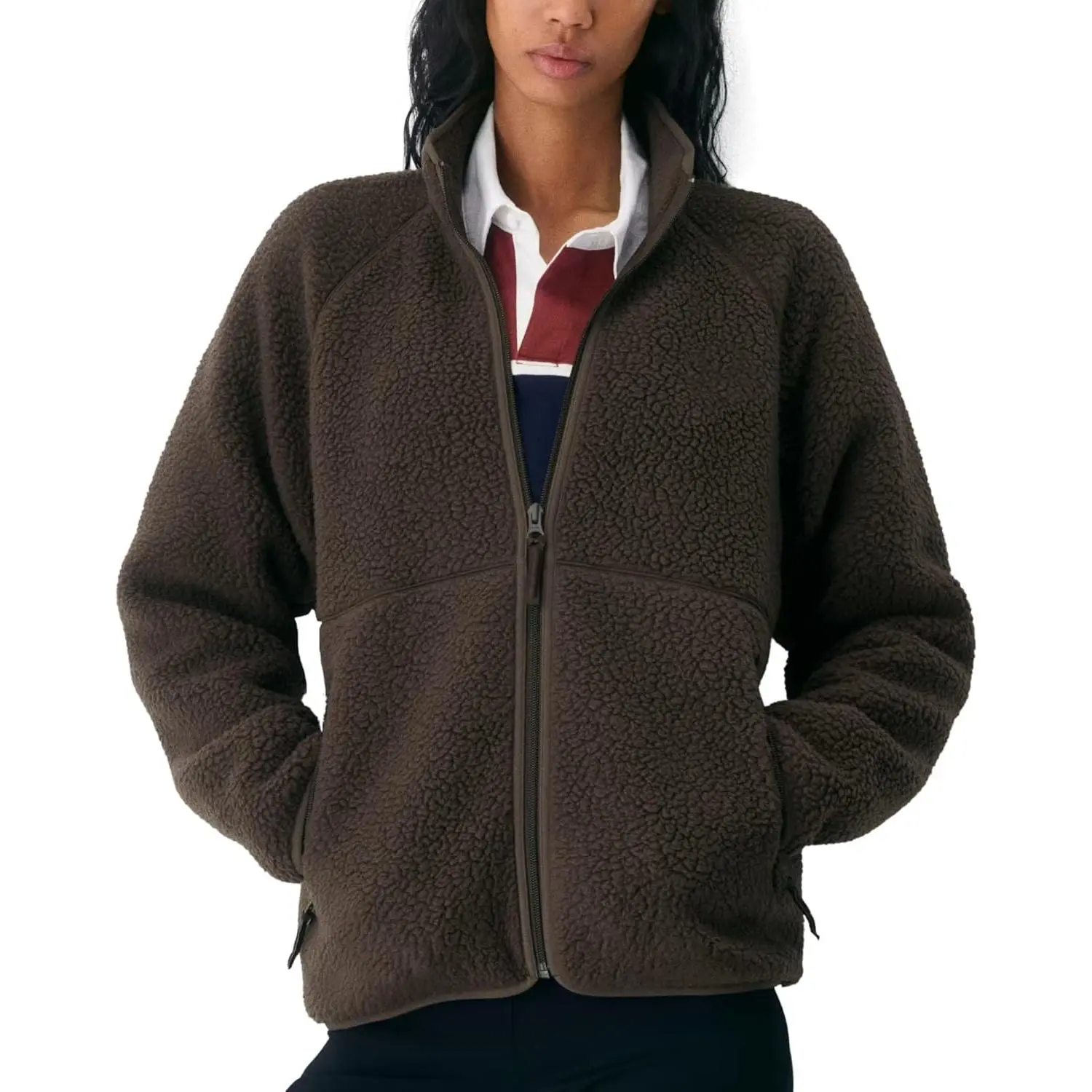Women's Fuzzy Fleece Sherpa Coats - Cold Resistant Adult Fall-Winter Warm Long Sleeve Full Zip-Up Casual Outerwear with Pockets, Festive & Party Gift Option Tops