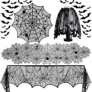 Halloween Decoration Set Lace Table Runner Fireplace Mantle Scarf Round Tablecloth Spider Web Lampshade with 32 3D Bat Wall Stickers