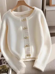 Women's Button Decor Crew Neck Sweater, Casual Long Sleeve Jumper for Fall & Winter, Fashion Ladies' Knitwear for Daily Wear, Tops, Knitting