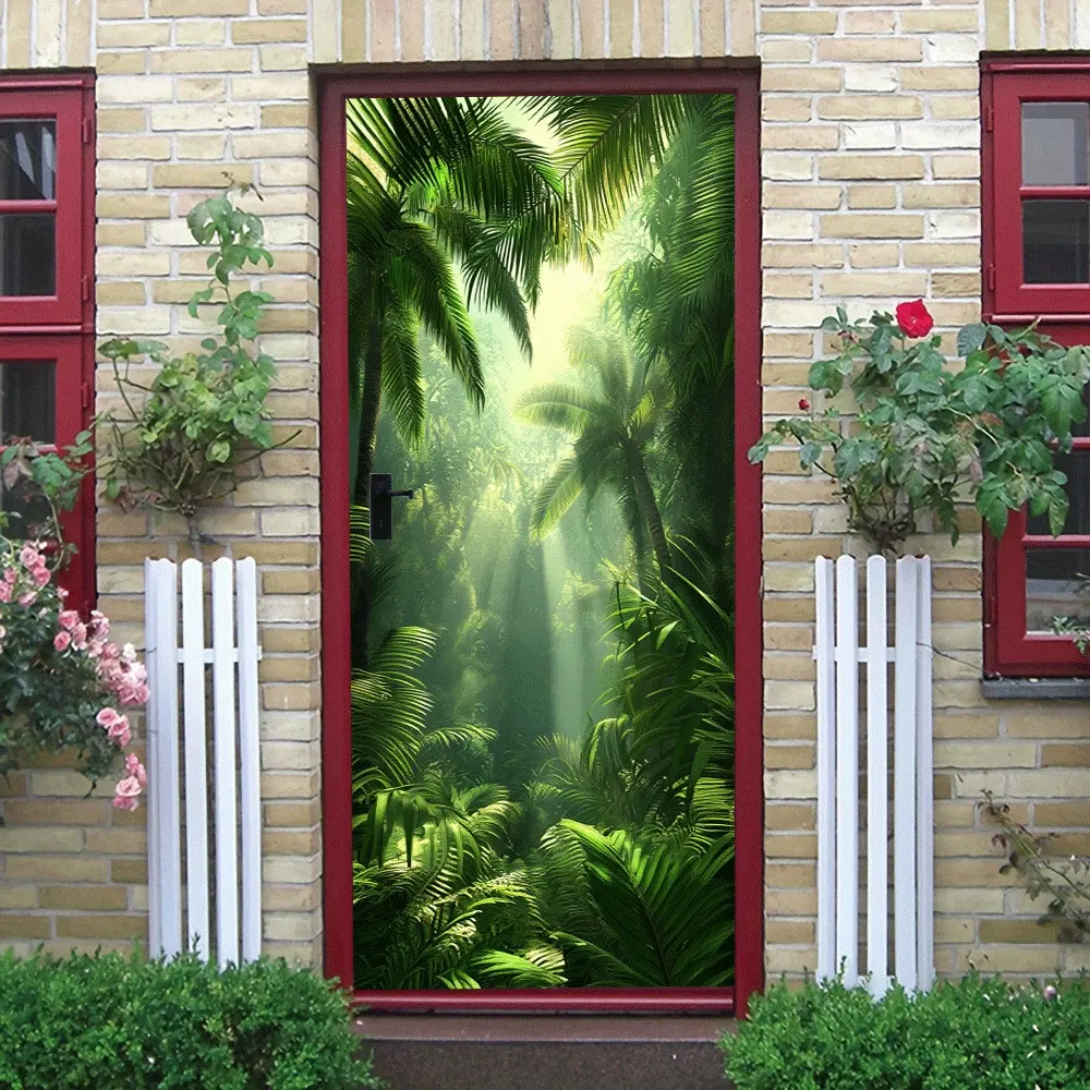 2pcs Tropical Rainforest Sunlight Wall Stickers Self Adhesive Removable Palm Leaves Decorative Murals for Living Room Bedroom Green Plant Scenery Wall Decals Home Decor Art Decoration