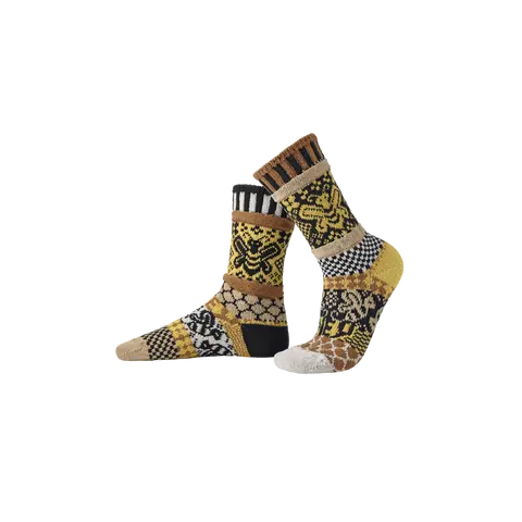 Solmate Socks HoneyBee Crew Socks - Mismatched, Recycled Cotton, Made in USA, Giveback Sock