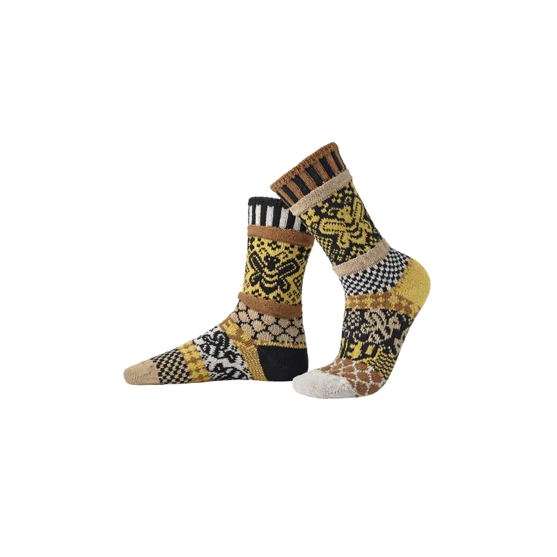 Solmate Socks HoneyBee Crew Socks - Mismatched, Recycled Cotton, Made in USA, Giveback Sock