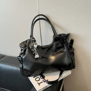 LisiZen Vintage PU Leather Hobo Bag for Women, Large Slouchy Shoulder Bag with Star Charm and Drawstring Side Pockets