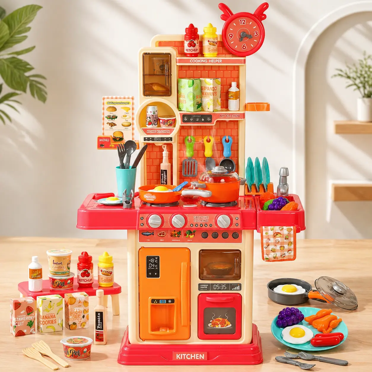 Kids Kitchen Playset with Sound & Light, 45PCS Pretend Cooking Set with Stove, Sink & Accessories for Toddlers