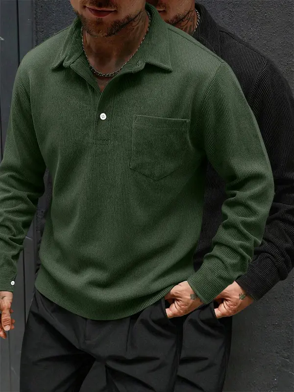 Men’s 2-pack corduroy long-sleeve polo shirts for spring/autumn, available in multiple colors; casual everyday wear, comfortable loose fit, versatile top for commuting.