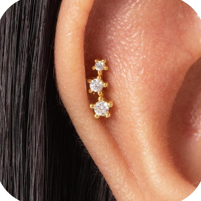 925 Sterling Silver Trio CZ Gold Screw Back Stud Earrings for Women/Girls, Sparkly CZ Stud Earrings for Helix Cartilage Tragus Earlobe Conch Piercing Jewelry 20 Gauge