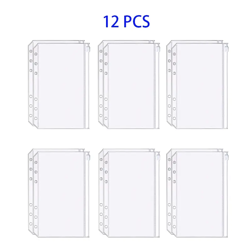 12 Transparent PVC Zipper Book Binder Rings, A6 Size, Six-Hole Design, Waterproof Cash Bag for Budget Management & Document Storage, Office Accessories