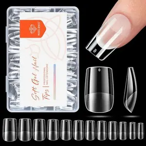 modelones Short Square Nail Tips, Pre-shaped Soft Gel Tips Fake Nails False Acrylic Clear Full Cover Press on Extension Gel Kit Manicure DIY at Home 216PCS 12Sizes