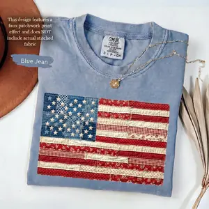 (FAUX PATCHWORK-PRINT) Comfort Colors 4th of July Shirt, Faux Patchwork USA Shirt, Digital Print Shirt, Retro American Flag Shirt, Patriotic Shirt, Fourth of July Shirt, USA Flag Tee - HARSIN