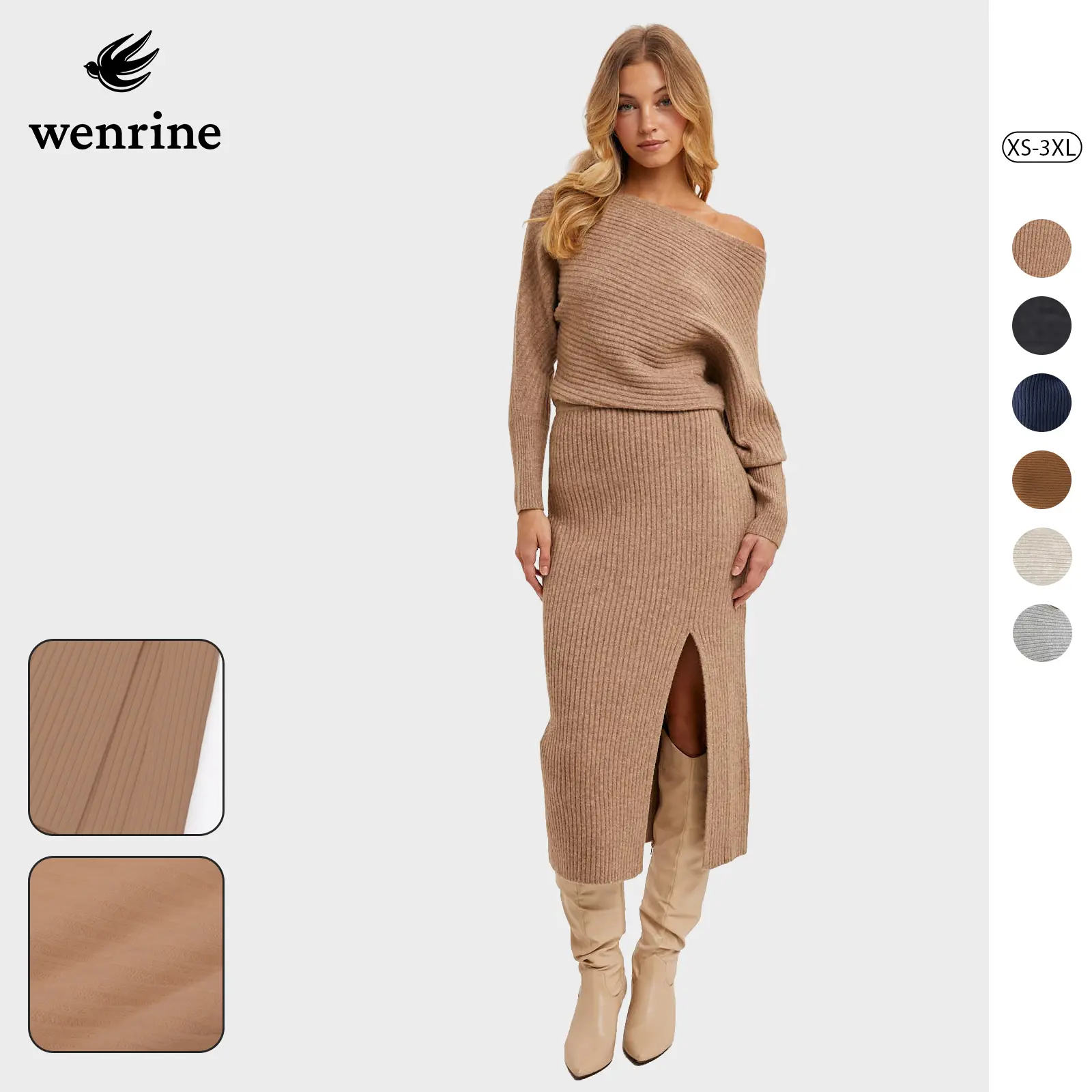 Wenrine Womens Off the Shoulder Sweater Dress Slit Fall Knit Midi Dress | off the shoulder,ribbed knit,high slit,good stretch,elastic waist,high waist,long dolman sleeves,long sleeve,bodycon,winter