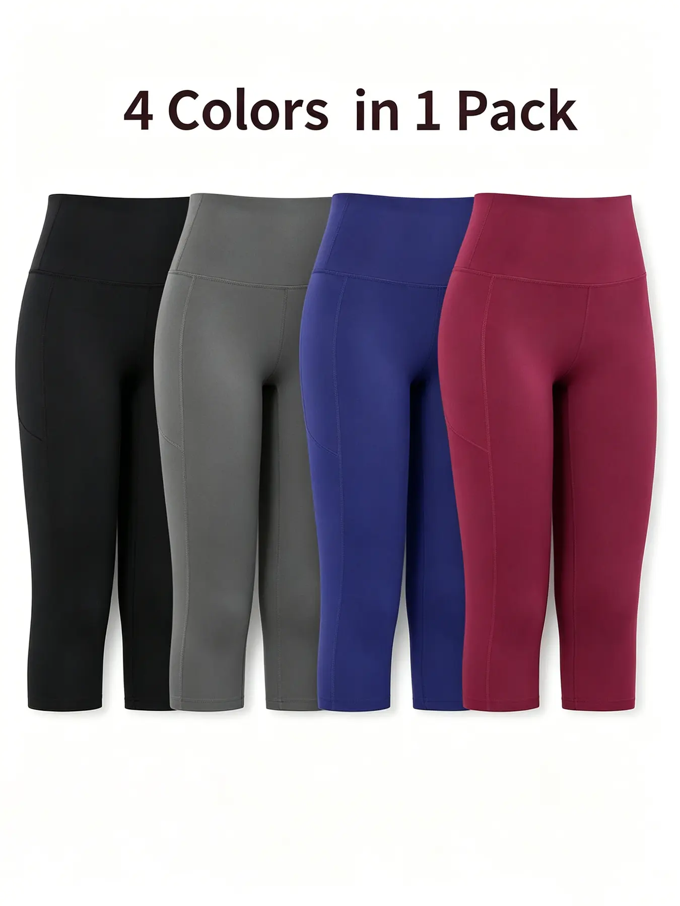 4-Pack Women’s Capri Gym Leggings – high-waisted, side pockets, tummy control, squat-proof; 7/8 length leggings for spring, summer, and fall workouts and errands; sporty look; everyday basics; womenswear, bottoms, minimalist buttery