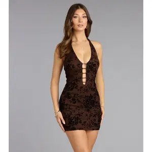 Late Bloom Flocked Halter Mini Dress