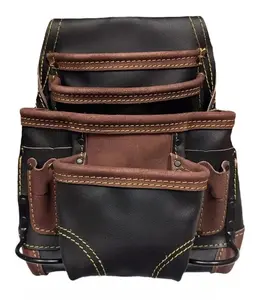 Leather Tool Pouch - 10-Pockets Heavy Top Grain Leather Pouch with 2 Hammer Loops Large & Small Pockets Fits Work Belts up to 3" Handcrafted Durable for Carpenter Construction Framers Handyman