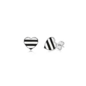 Heart White Black Stripes White Gold Plated Girl's Stud Earrings Earth2Jane