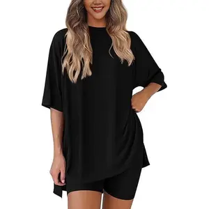 Women's Two Piece Casual Set - Oversized Short Sleeve T-Shirt and Shorts - Summer Casual Outfit, Soft Stretch Loungewear Set Clothes Matching
