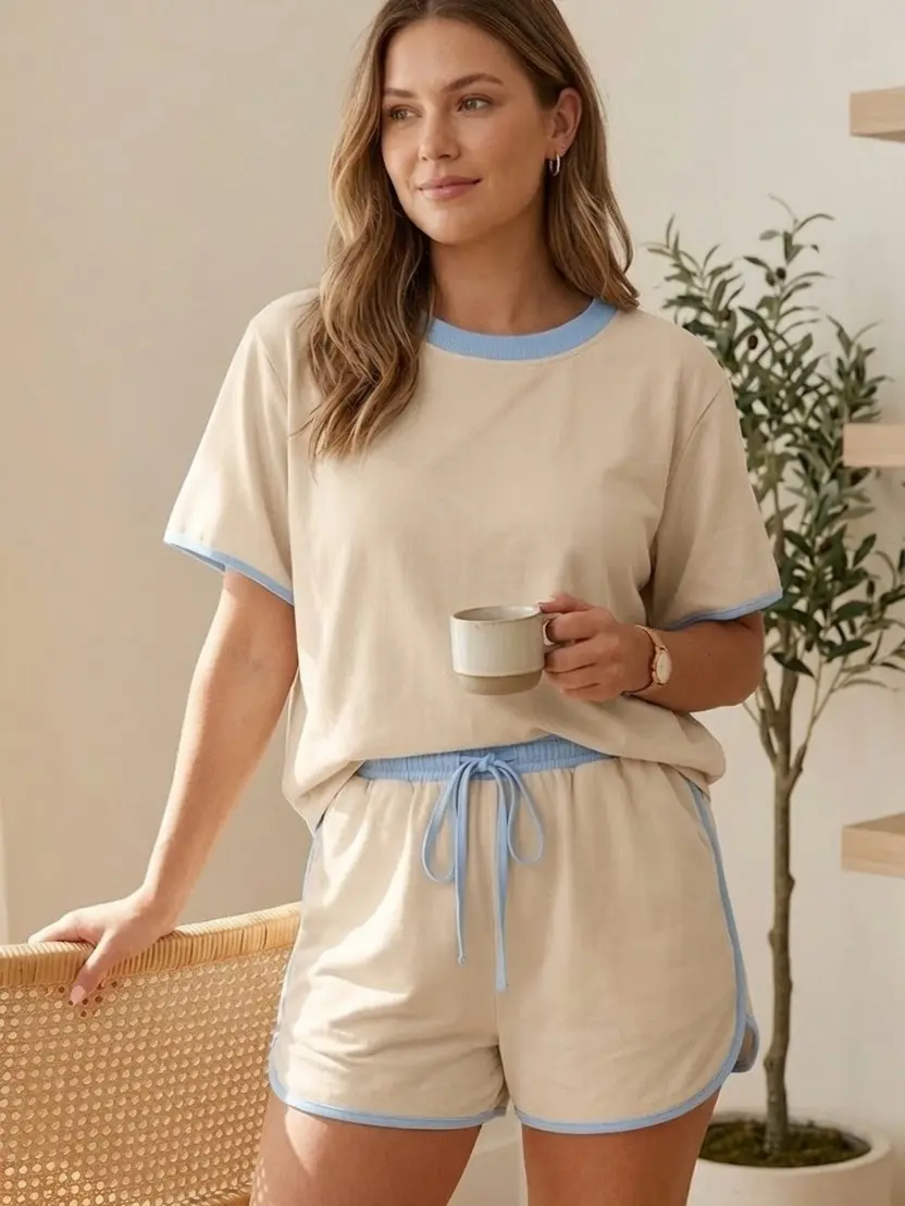 PHEFEE Women's Casual 2-Piece Lounge Set, Colorblock Oversized Shortsleeve Tee and Feminine Lightweight Skort with Adjustable Drawstring, Stretchy, Chic, T-Shirt, Clothes, Comfortable, Relax Short & Top Sets
