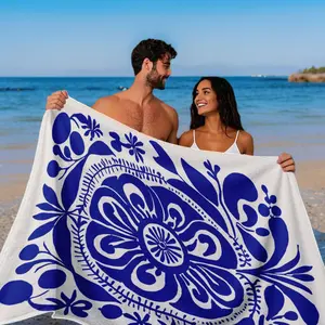 Blue Symmetrical Floral Beach Towel, Perfect for Beach Vacation, Swimming, Beach Leisure, Ideal for Summer Holidays