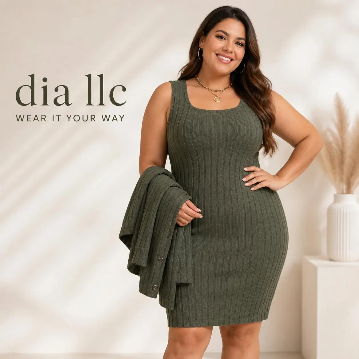 dia llc Women's Plus Size 2 Piece Outfit, Rib Knit Dress Cardigan Set Elegant Casual