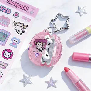 Vintage AirPods Case Tamagotchi Design for AirPods 4 Cute Millennium Earphone Case Pendant in Pink Purple & Silver with Star Keychain Perfect Christmas Gift New Year Gift Fun Durable Silicone AirPods Case Airpods Case Keychain
