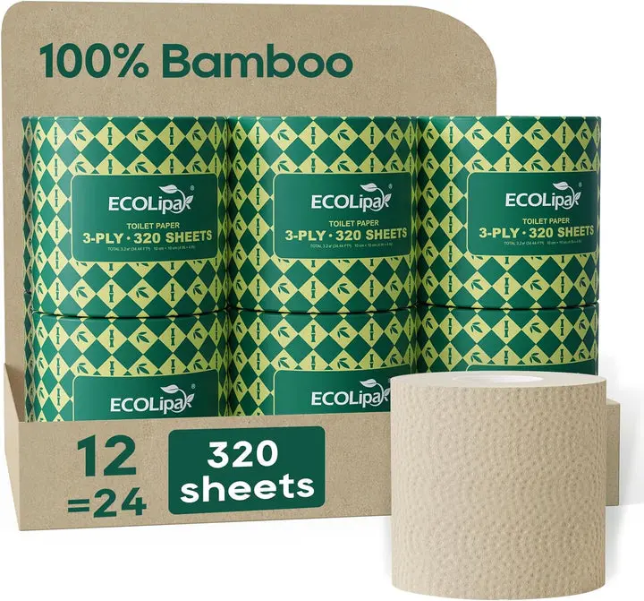Unbleached Soft 3-Ply Bamboo Toilet Paper & Wipes, 12 Rolls, PFAS-Free, Hypoallergenic