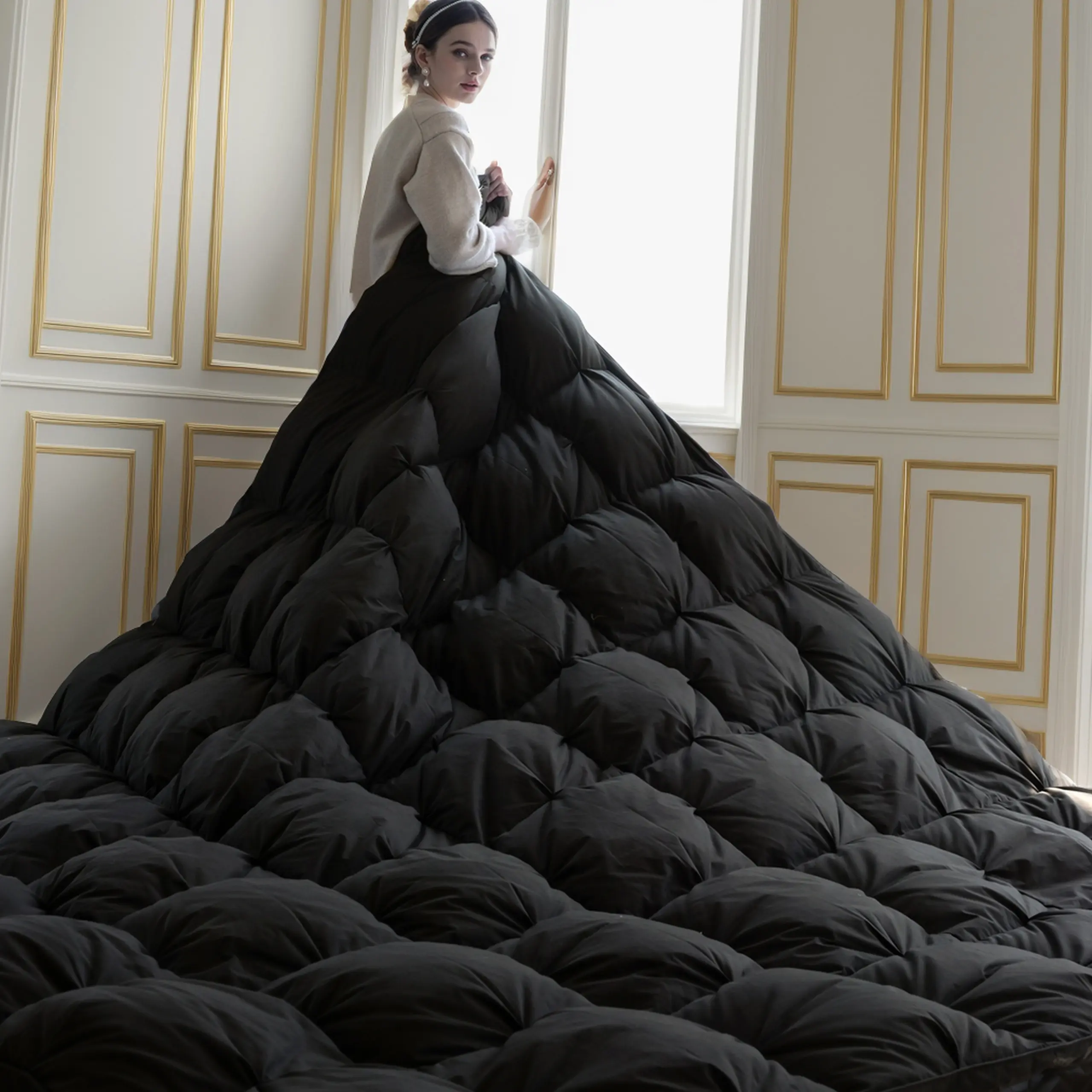 Black Pinch Pleat Goose Down Feathers Comforter Twin/Queen/King/Cal King/Pal King Size All Season-Ultra Soft and Cozy Noiseless Duvet Insert with 100% Egyptian Cotton Cover, Fluffy Warm Comforter Insert